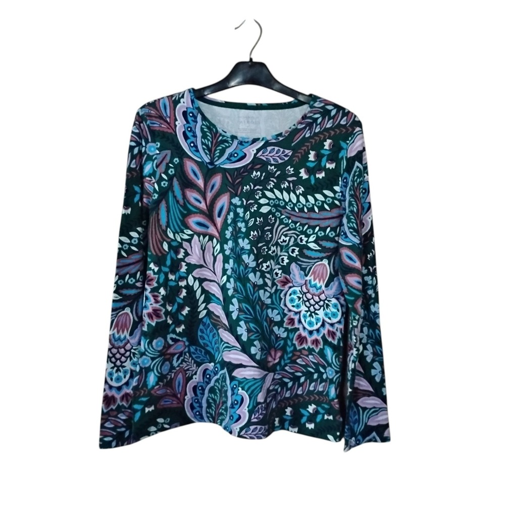 Talbots Tee Womens Medium Blue Purple Paisley Floral Long Sleeve Crew Neck Top